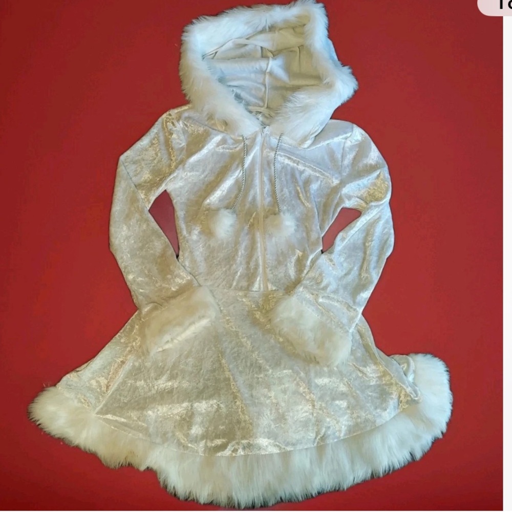White Faux Fur Trim Hooded Dress